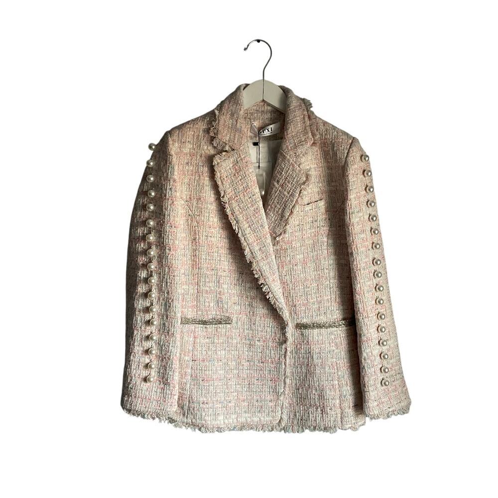 Guxi Pink Pastel Tweed Blazer with Pearls Fringe Preppy Old Money size XL - Picture 1 of 10
